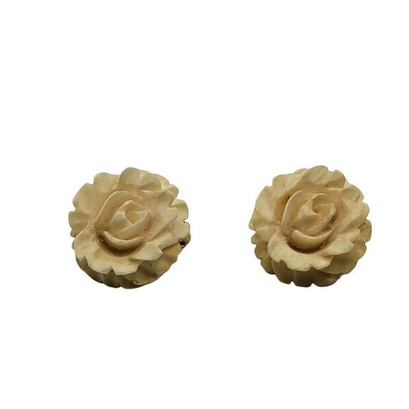 Vintage Retro Carved Rose 3d Celluloid Clip On Earrings Victorian Estate Find - Picture 1 of 4